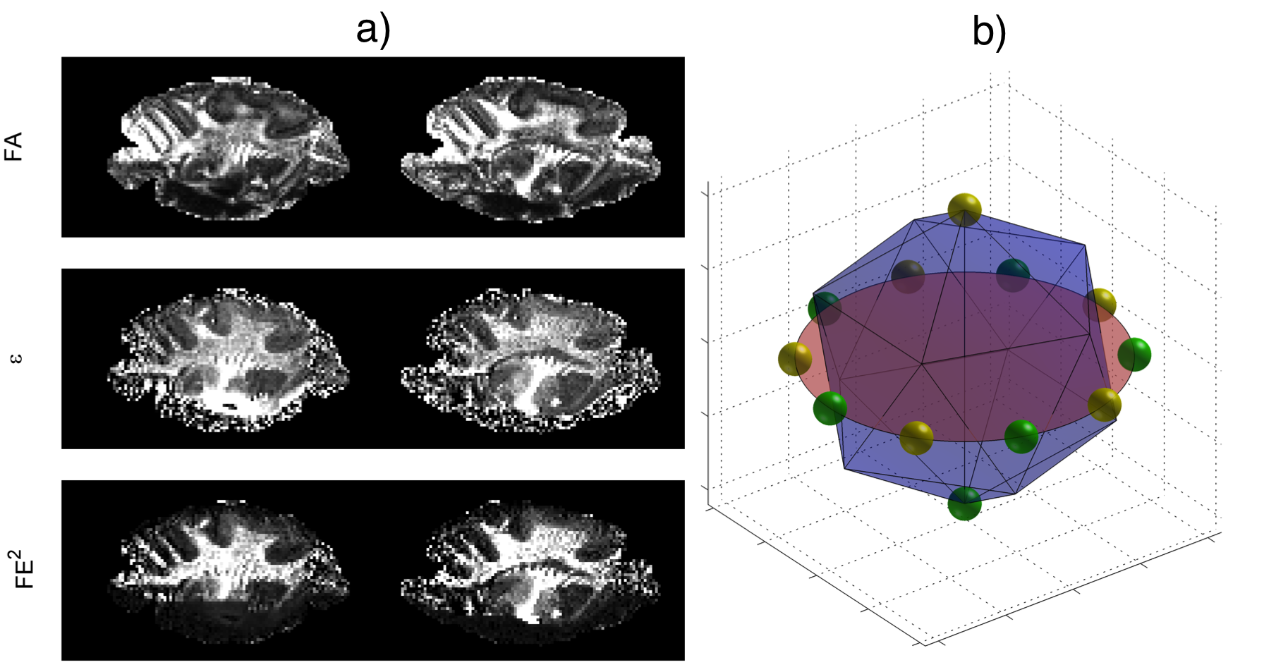 Figure 2 a) Fractional compartment eccentricity (FE²) is shown alongside FA and apparent compartment eccentricity(ε), and b) the directions of the second wave vector are related to the first wave vector as 10 points evenly distributed on the associated great circle. © 2013 John Wiley & Sons, Ltd